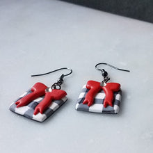 Load image into Gallery viewer, White Buffalo Plaid & Long Red Bow Polymer Clay Square Dangle Handmade Earrings