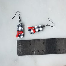 Load image into Gallery viewer, White Buffalo Plaid & Snowman with Red Scarf Polymer Clay Dangle Handmade Earrings