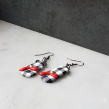 Load image into Gallery viewer, White Buffalo Plaid & Snowman with Red Scarf Polymer Clay Dangle Handmade Earrings