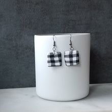 Load image into Gallery viewer, White Buffalo Plaid Polymer Clay Square Dangle Handmade Earrings