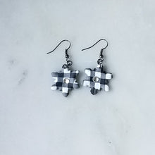 Load image into Gallery viewer, White Buffalo Plaid Polymer Clay Snowflake w/Crystal Dangle Handmade Earrings