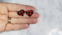 Load image into Gallery viewer, Red and Black Buffalo Plaid Heart post/stud polymer clay earrings
