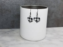 Load image into Gallery viewer, White and Black Buffalo Plaid Polymer Clay Heart Valentines Dangle Handmade Earrings