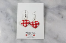 Load image into Gallery viewer, Red and White Buffalo Plaid Polymer Clay Heart Valentines Dangle Handmade Earrings
