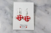 Load image into Gallery viewer, Red and White Buffalo Plaid Polymer Clay Heart Valentines Dangle Handmade Earrings