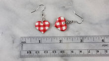 Load image into Gallery viewer, Red and White Buffalo Plaid Polymer Clay Heart Valentines Dangle Handmade Earrings