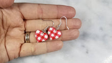 Load image into Gallery viewer, Red and White Buffalo Plaid Polymer Clay Heart Valentines Dangle Handmade Earrings
