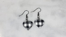 Load image into Gallery viewer, White and Black Buffalo Plaid Polymer Clay Heart Valentines Dangle Handmade Earrings
