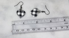 Load image into Gallery viewer, White and Black Buffalo Plaid Polymer Clay Heart Valentines Dangle Handmade Earrings
