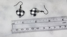 Load image into Gallery viewer, White and Black Buffalo Plaid Polymer Clay Heart Valentines Dangle Handmade Earrings