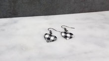 Load image into Gallery viewer, White and Black Buffalo Plaid Polymer Clay Heart Valentines Dangle Handmade Earrings