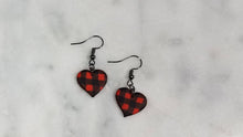 Load image into Gallery viewer, Red and Black Buffalo Plaid Polymer Clay Heart Valentines Dangle Handmade Earrings