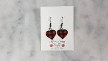 Load image into Gallery viewer, Red and Black Buffalo Plaid Polymer Clay Heart Valentines Dangle Handmade Earrings
