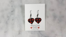 Load image into Gallery viewer, Red and Black Buffalo Plaid Polymer Clay Heart Valentines Dangle Handmade Earrings