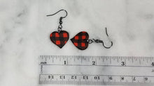 Load image into Gallery viewer, Red and Black Buffalo Plaid Polymer Clay Heart Valentines Dangle Handmade Earrings