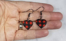 Load image into Gallery viewer, Red and Black Buffalo Plaid Polymer Clay Heart Valentines Dangle Handmade Earrings