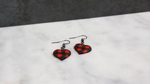 Load image into Gallery viewer, Red and Black Buffalo Plaid Polymer Clay Heart Valentines Dangle Handmade Earrings
