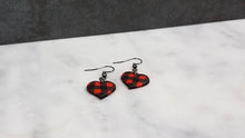 Load image into Gallery viewer, Red and Black Buffalo Plaid Polymer Clay Heart Valentines Dangle Handmade Earrings