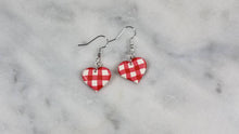 Load image into Gallery viewer, Red and White Buffalo Plaid Polymer Clay Heart Valentines Dangle Handmade Earrings
