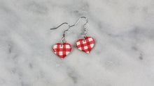 Load image into Gallery viewer, Red and White Buffalo Plaid Polymer Clay Heart Valentines Dangle Handmade Earrings