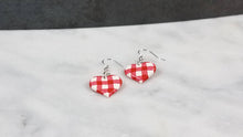 Load image into Gallery viewer, Red and White Buffalo Plaid Polymer Clay Heart Valentines Dangle Handmade Earrings