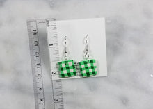 Load image into Gallery viewer, Green and White Buffalo Plaid Square Dangle Earrings
