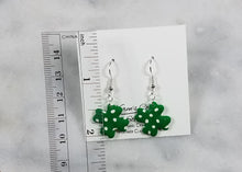 Load image into Gallery viewer, Green and White Polka Dot Shamrock Dangle Earrings
