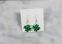 Load image into Gallery viewer, Green and White Polka Dot Shamrock Dangle Handmade Earrings
