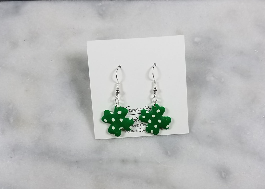 Green and White Polka Dot Shamrock Dangle Earrings