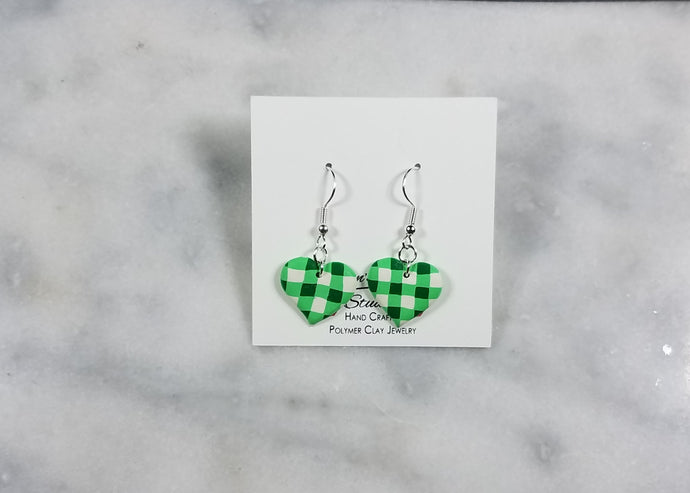 Green and White Buffalo Plaid Heart Dangle Handmade Earrings