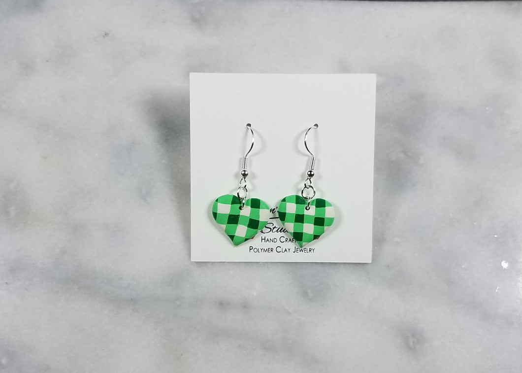 Green and White Buffalo Plaid Heart Dangle Earrings