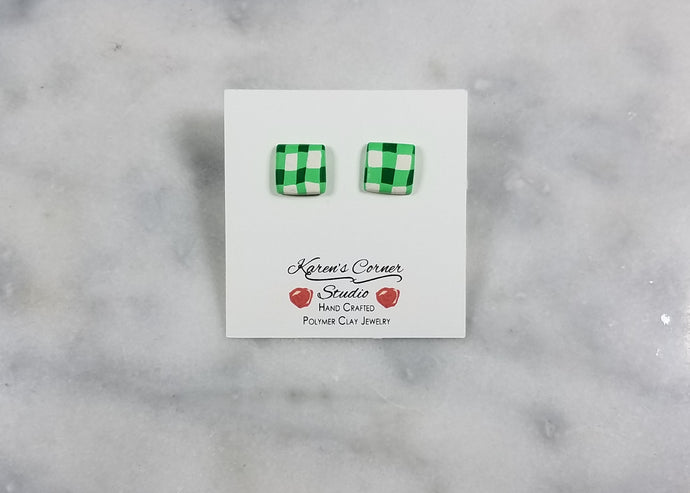 Green and White Buffalo Plaid Square Post Earring - S