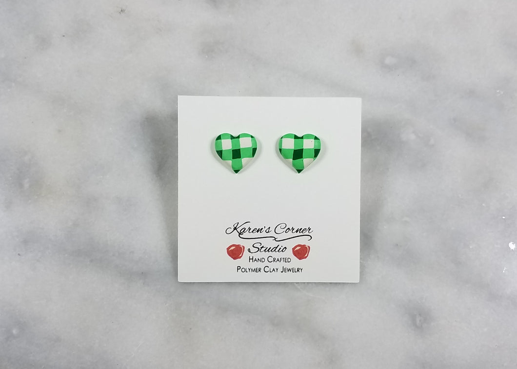 Green and White Buffalo Plaid Heart Post Earring - Small