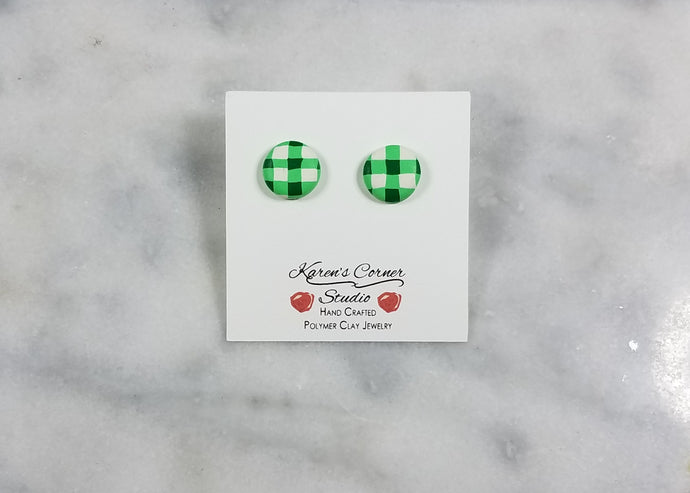 Green and White Buffalo Plaid Circle Post Earring - S