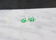 Load image into Gallery viewer, Green and White Buffalo Plaid Heart Dangle Earrings
