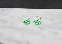 Load image into Gallery viewer, Green and White Buffalo Plaid Shamrock Dangle Earrings
