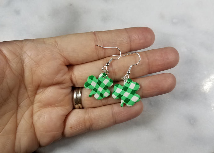 Green and White Buffalo Plaid Shamrock Dangle Handmade Earrings