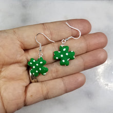 Load image into Gallery viewer, Green and White Polka Dot Shamrock Dangle Earrings
