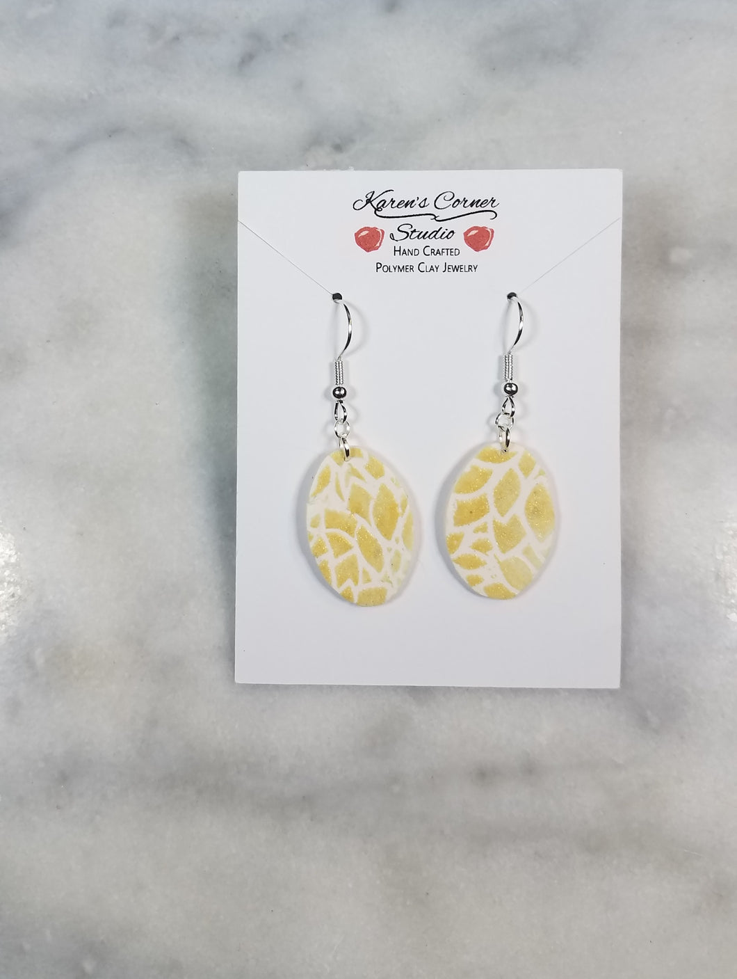 Oval White & Gold Floral Petal Dangle Earrings