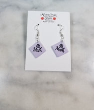 Load image into Gallery viewer, Lavender Diamond Shape &quot;Mom&quot; with Rose Dangle Handmade Earrings
