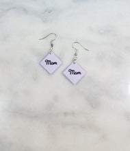 Load image into Gallery viewer, Lavender Diamond Cursive &quot;Mom&quot; Dangle Handmade Earrings

