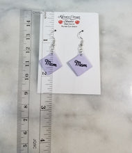 Load image into Gallery viewer, Lavender Diamond Cursive &quot;Mom&quot; Dangle Earrings
