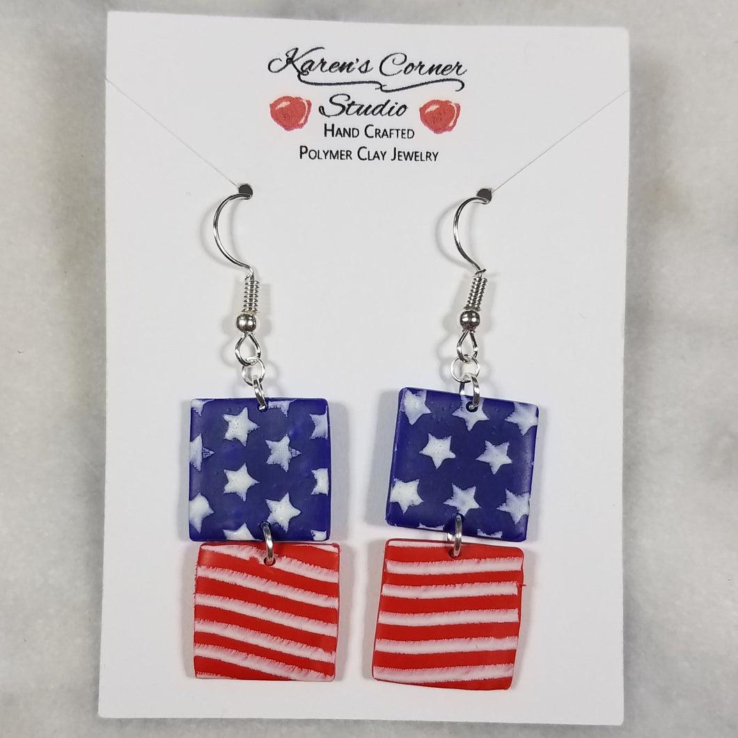 Double Square Shaped Red, White & Blue Dangle Earrings