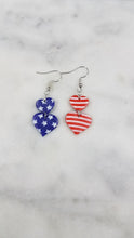 Load image into Gallery viewer, Double Heart Shaped Red, White &amp; Blue Dangle Earrings

