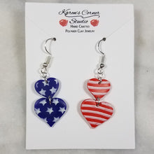 Load image into Gallery viewer, Double Heart Shaped Red, White &amp; Blue Dangle Earrings
