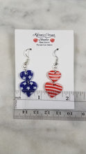 Load image into Gallery viewer, Double Heart Shaped Red, White &amp; Blue Dangle Handmade Earrings
