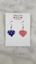 Load image into Gallery viewer, Heart Shaped Red, White &amp; Blue Dangle Earrings
