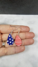 Load image into Gallery viewer, Teardrop Shaped Red, White &amp; Blue Dangle Earrings
