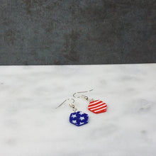 Load image into Gallery viewer, S Hexagon Shaped Red, White &amp; Blue Dangle Handmade Earrings
