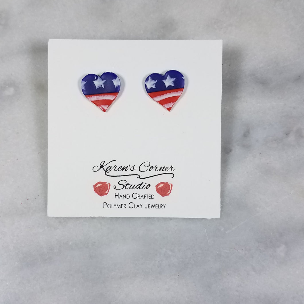 Small Heart Shaped Stars and Stripes Post/Stud Earrings